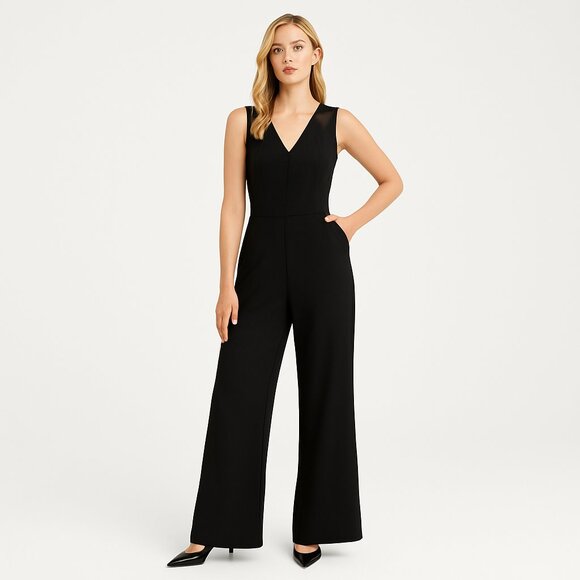 Spanx Perfect Black Sleeveless Jumpsuit Women’s XL V-Neck Wide Leg One Piece - Picture 1 of 6